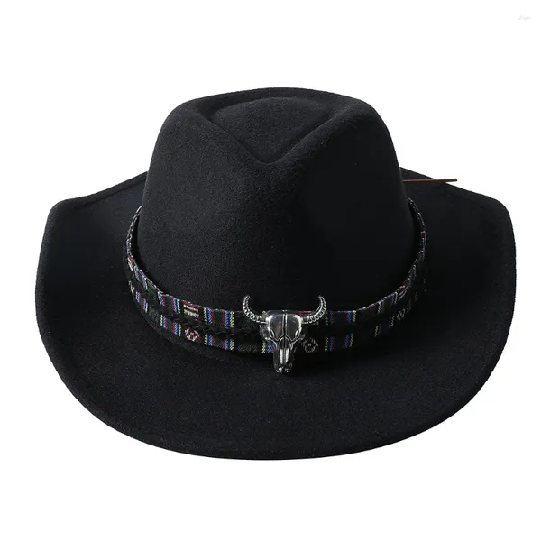 Bérets femmes hommes Western Cowboy Cowgirl chapeau Fedora extérieur feutre large bord avec boucle de ceinture