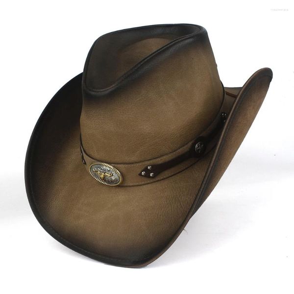 Boinas Mujeres Hombres Sombrero de vaquero occidental para caballero Papá Cuero Cowgirl Sombrero Hombre Jazz Caps Tamaño 58-59 cm con banda de toro