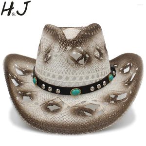 Berets vrouwen mannen westerse cowboyhoed met modeleer punkband handgemaakte weave strand zon sombrero cowgirl maat 58 cm a0156