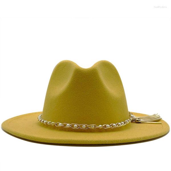 Bérets Femmes Hommes Large Bord Laine Feutre Gland Jazz Fedora Chapeaux Panama Style Cowboy Trilby Parti Robe Formelle Chapeau Grande Taille Jaune Blanc