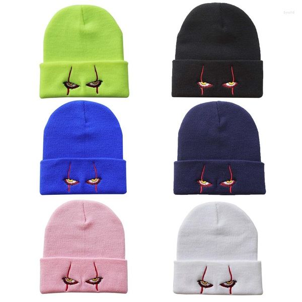 Bérets Femmes Hommes Hiver Tricoté Casual Bonnet Chapeau Effrayant Yeux De Clown Broderie Hip Hop Menottes Crâne Cap Halloween Cosplay Partie Headpiec