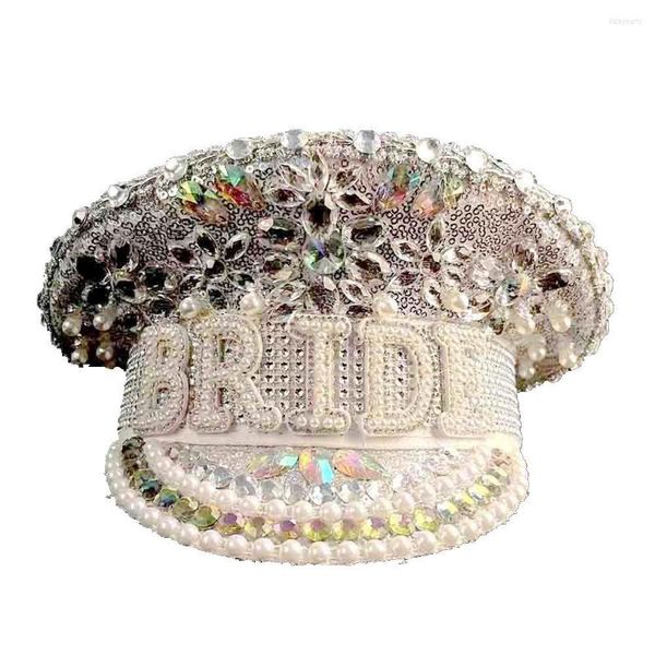 Boinas Mujeres Sombrero militar Novia Lentejuelas Burning Cap Lujo Plata Hecho a mano Capitán Sargento Rhinestone Festival Fiesta Head Wear