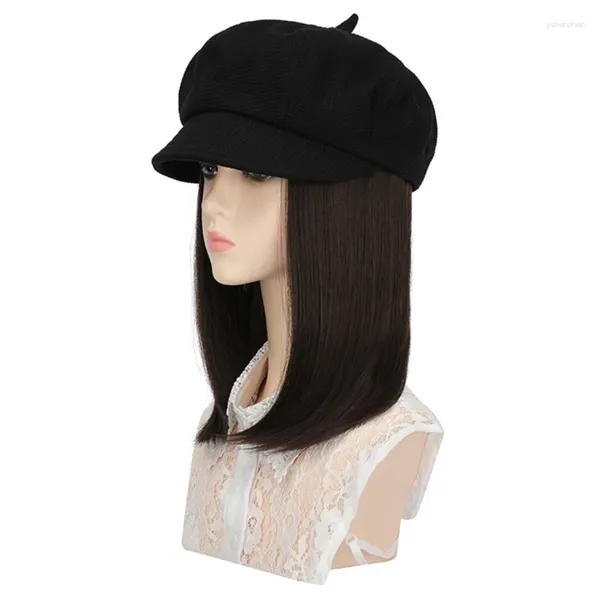 Boinas Mujeres Sombrero octogonal con pelo recto corto adjunto Desmontable Gorra natural y suave para mujer