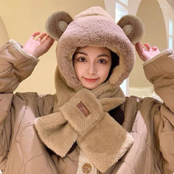 Boinas Mujeres al aire libre Piel sintética con capucha Sombrero Bufanda Conjunto Protección para los oídos Oso de peluche Gorros A prueba de viento Invierno Engrosado Cuello Calentador