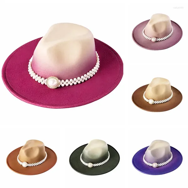 Berets Women Pearl Chain Gentleman Elegant Gradient Rose Wool Vintage Feel Fedora Hat d'automne Caps d'automne 58cm Chapeaux de jazz en gros