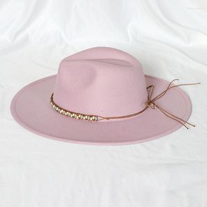 Baretten Vrouwen Roze Vilten Hoed Fedora 9.5 cm Grote Rand Hoeden Houten Kralen Decoratie Vintage Dame Platte Jazz Cap