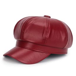 Bérets femmes PU cuir casquette chapeau noir rouge extérieur réglable femme automne hiver décontracté dame pour 231208