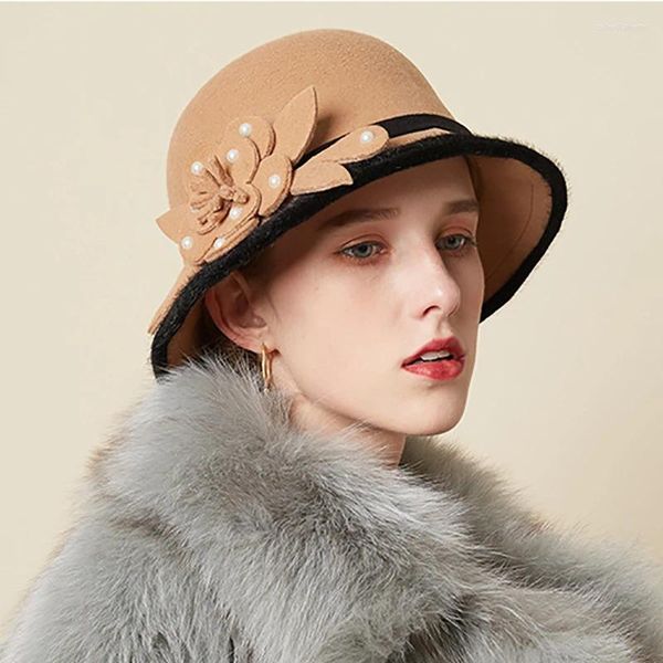 Bérets Femmes Noir Laine Feutre Cloche Britannique Chapeau Haut-de-Forme Avec Bowknot Large Bord Bowler Fedoras Dames Jaune Bleu Disquette Chapeaux Casquette