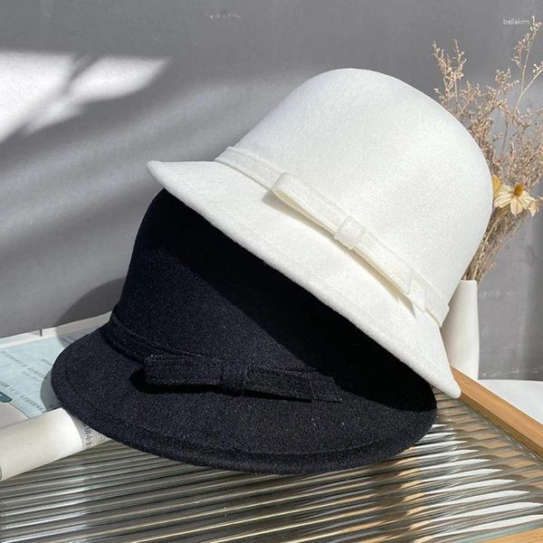 Boinas Sombrero de copa británico de fieltro de lana negra para mujer con bowknot de ala ancha Bowler Fedoras Ladies White Floppy Bucket