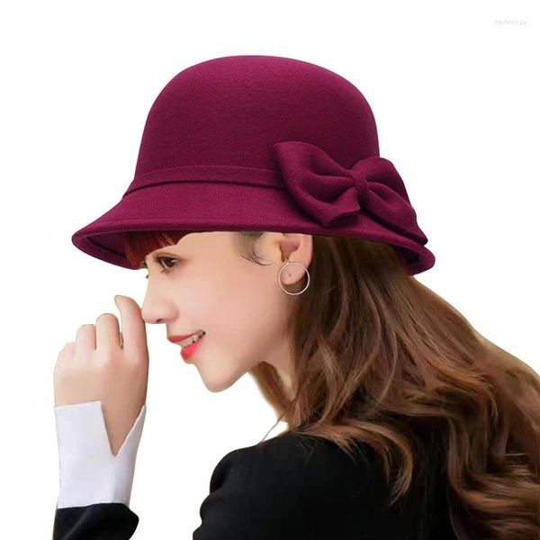 Bérets Femmes Feutre Bowler Chapeaux Solide Laine Fedoras Femmes Vintage Bow Fleur Dôme Caps Large Bord Automne Hiver Seau Chapeau Dames