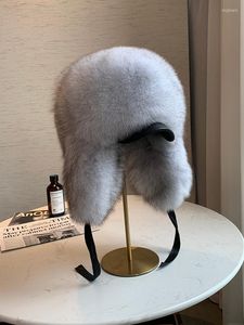 Bérets Chapeau de trappeur en fourrure pour femmes, avec oreillettes, argent véritable/raton laveur/bleu/noir, chapeaux d'hiver, pompon moelleux