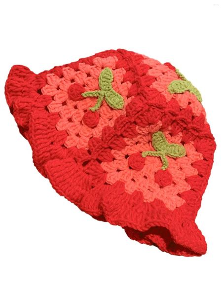Bérets Chapeau de seau au crochet tricoté à la main pour femmes avec motif floral - Casquette de pêche au soleil à large bord élégante pour