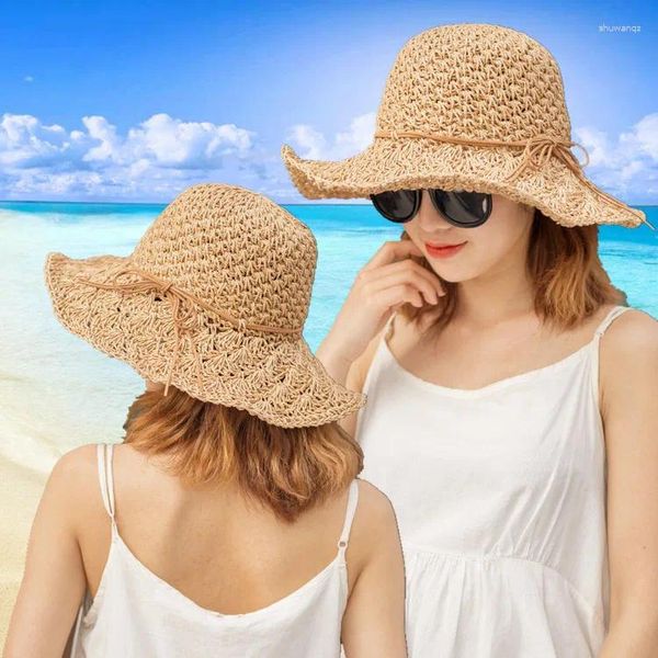 Boinas Sombrero de mujer Arco Sol Ala ancha Floppy Sombreros de verano para mujeres Playa Panamá Paja Cúpula Cubo Femme Sombra