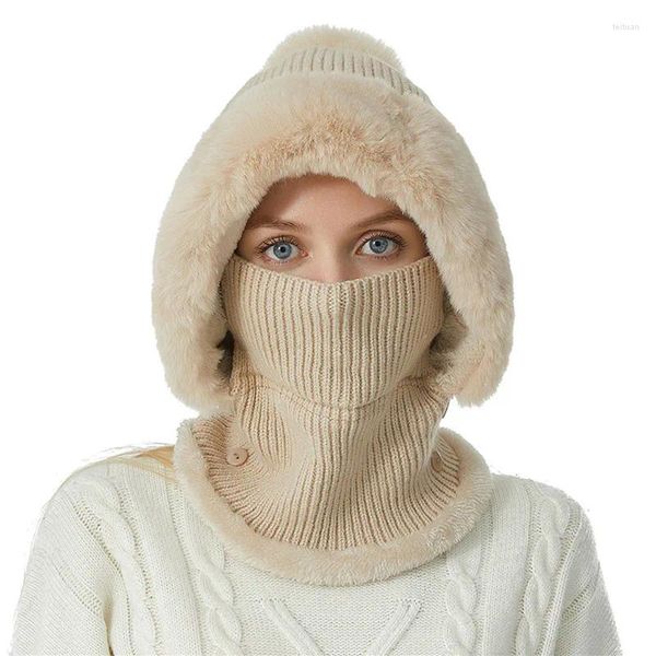 Boinas Gorro para mujer Cuello Todo en uno Traje de felpa Punto Cálido Espesado Oreja y protección del cuello Máscara de viento al aire libre de esquí para hombres