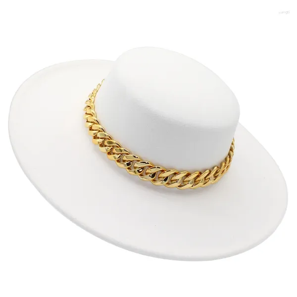 Bérets Chapeau Femme Large Bord Fedora Laine Mariage Jazz Chapeaux Rond Plat Top Feutre Chaîne Dorée Ceinture Trilby