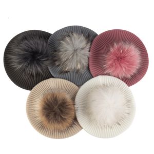 Berets dames gebreide elegante baretten zacht met echte pompom vrouwelijke kunstenaar mode retro hoeden dame solide kleur Franse eenvoud caps 230211