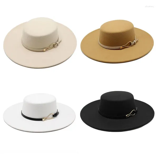 Bérets Accessoires de boucle en cuir en métal pour femmes avec chapeau en feutre de fourrure supérieur concave et convexe assorti à la mode Fedora polyvalent Panama