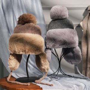 Bérets femmes pompon fourrure tricoté Bomber chapeau avec oreillettes Plus velours dames hiver chaud bonnets Ski Cap Bonnet Femme Ushanka 2021