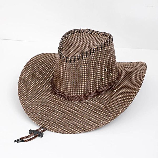 Bérets Chapeau de paille solide pour femmes et hommes, style occidental, Cowboy avec corde, large bord bouclé, sangle de menton, pare-soleil de plage