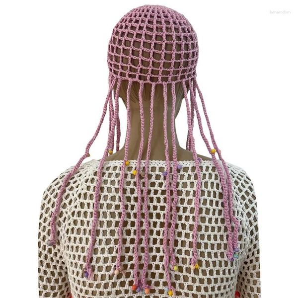 Bérets Femmes S Chapeaux de crochet fait à la main mignons Coup de bonnet fascinant fascinant en tricot à franges avec perles Headgear