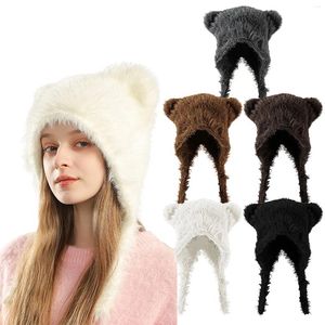 Bérets femmes chapeau d'hiver mignon ours oreille conception artificielle doublure de peau adulte Ski casquette froide chapeaux fous hommes trappeurs pour