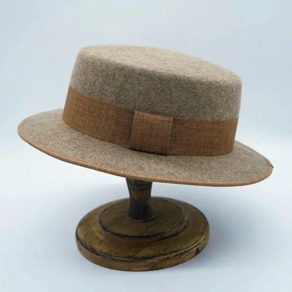 Boinas Sombrero Fedora de lana para mujer Sombreros planos de ala ancha de 5 cm para mujer Navegador de invierno cálido clásico con banda de cinta Jugador