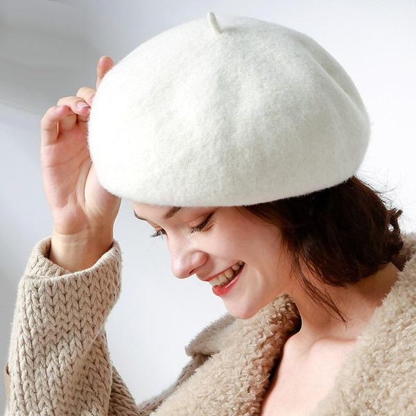 Bérets femmes béret en laine chapeau élégant Vintage rond artiste français doux solide laine casquettes pour fille et dames hiverbérets