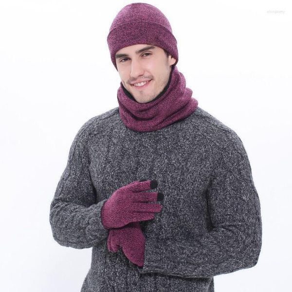 Bérets femmes couleur unie fibres acryliques tricoté hiver chaud chapeau écharpe gants ensembles hommes en plein air garder 3 pièces adulte taille unique