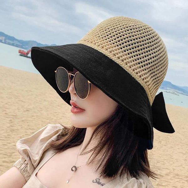 Bérets femmes été tissage pêcheur chapeaux respirant femme parasol large visière en plein air plage dames voyage chapeau de soleil casquette pliable H136