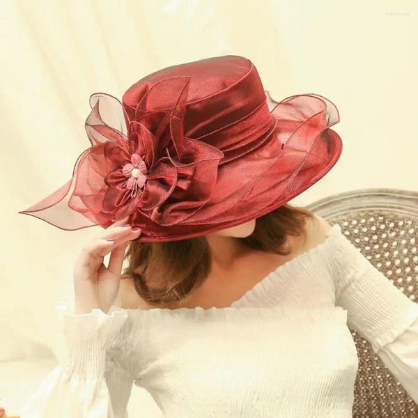 Bérets Femmes Top Hat Mode Élégant Fleur Large Bord Soleil Pour Style Rétro Fête Banquet Vêtements En Plein Air