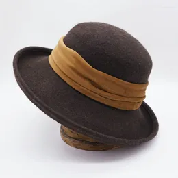 Bérets femmes large bord laine feutre melon chapeau retrousser Rinbbon hiver Fedora dames robe Cloche seau écrasable