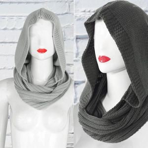 Bérets femmes hiver crochet tricot capuche pour écharpe infini extérieur coupe-vent chaud long châle enveloppement couleur unie oreillette chapeau cou wa F0S4