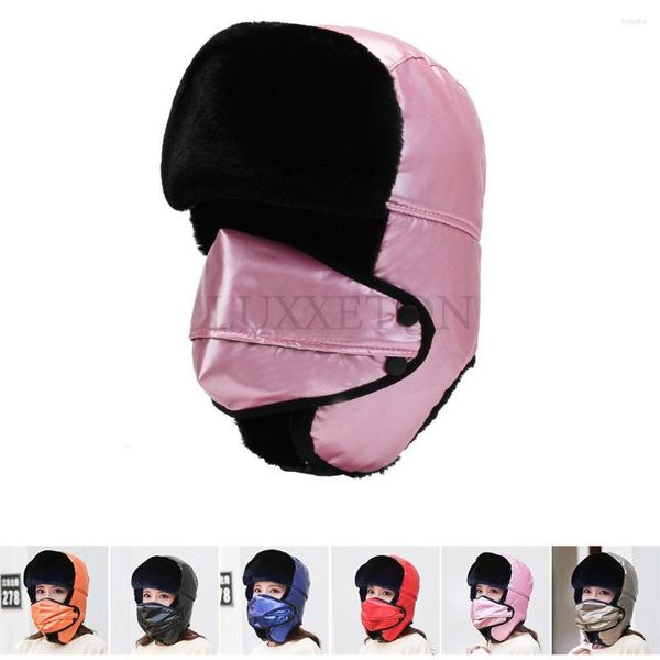 Boinas Mujeres Invierno Sombrero Impermeable Trapper Earflap Cap Damas Piel Negra Rusa Mujer Sólida Máscara de Esquí Bomber