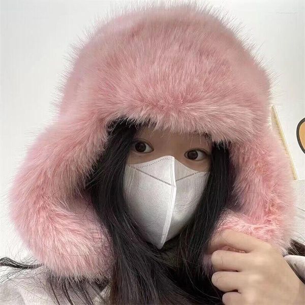 Bérets Femmes Hiver Chapeau En Peluche Solide Chaud En Plein Air Coupe-Vent Oreille Protection Lei Feng Personnalité Rue S Mode Casquettes Causales