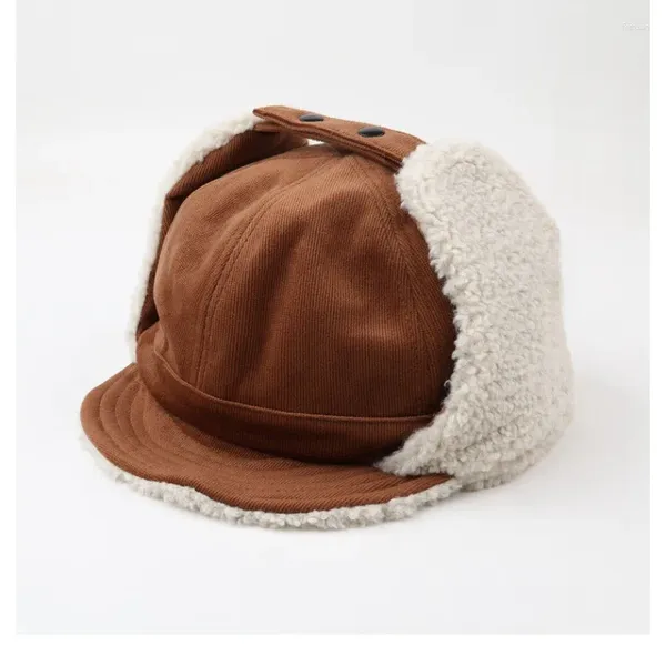 Bérets Femmes Hiver Épaissi Laine D'agneau Bomher Chapeau Velours Côtelé Protection Oreille Baseball Rétro Marron Tendance Hommes Pilote À Bord Court