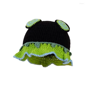 Bérets femmes hiver chaud bonnet casquettes contraste couleur drôle crochet tricot casquette dames doux seau chapeau vert
