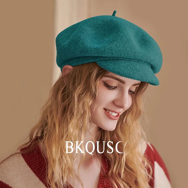 Bérets Femmes laine casquettes béret couleur unie hiver chaud Vintage anglais chapeaux unisexe décontracté réglable bleu pure laine rétro sboy chapeau 231208