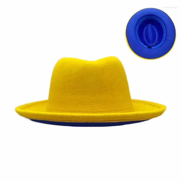 Bérets femmes jaune bleu Patchwork sertissage large bord laine Jazz Fedora chapeaux Panama Trilby casquette tendance joueur chapeau en gros