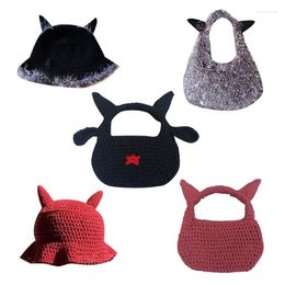 Bérets Femmes Crochet Bucket Hat / sac Devil Horn Treat Poisherman Summer Summer Outdoor Wide Brim Sun Cap Y2k