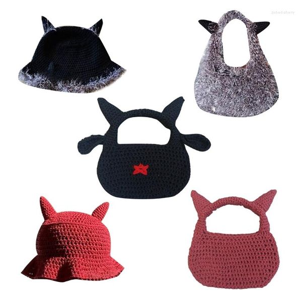 Boinas para mujer de ganchillo sombrero/bolsa diablo cuerno de punto sombrero de pescador verano al aire libre ala ancha gorra de sol Y2K