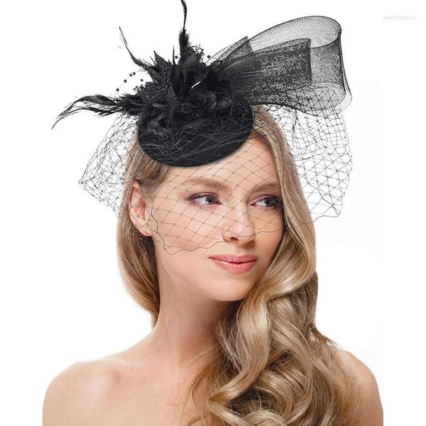 Berets Fishnet Veil Feel Feel Fascinator Small Plux Point Decor Coils Coils Wedding Bridal Cocktail Accessoires