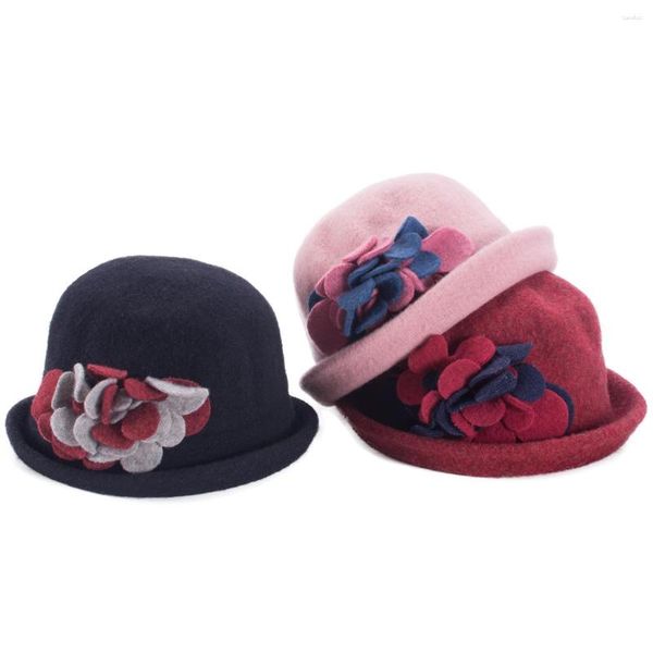 Bérets Femmes Rolled Brim Floral Packable Laine Canotier Seau Hiver Mariage Chapeau A519