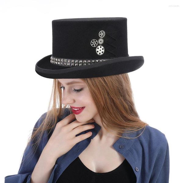 Baskenmütze Wolle Schwarz Damen Herren Steampunk Zylinder mit handgefertigtem Steam Punk Gear Fedora Cosplay Show 15 cm 4 Größe