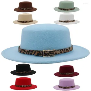 Boeretas Lana Classic Cinturón sólido Decoración Mujeres Fedora Sombreros Caballeros Jazz Men Retro Dama Flat ancha Big Brim Vestido Redondo Topla Redonda