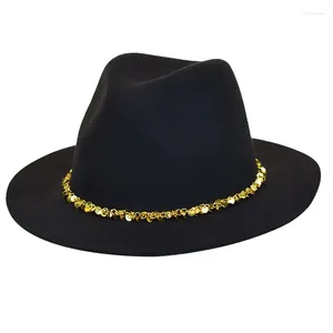 Bérets laine Fedora chapeaux pour femme paillettes d'or ceinture à large bord Style français Panama mode chapeau Jazz casquette en gros