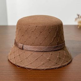 Bérets Laine en feutre Cloche Hiver Hat Femmes Netting Ribbon Fedora Lady Party Fashion Collpable