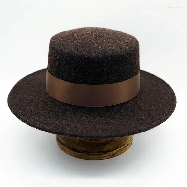 Bérets Laine Feutre Fedora Chapeau Canotier Pour Femmes Taupe Canotier Plat Haut Large Bord Ceinture D'hiver Élégant Gambler