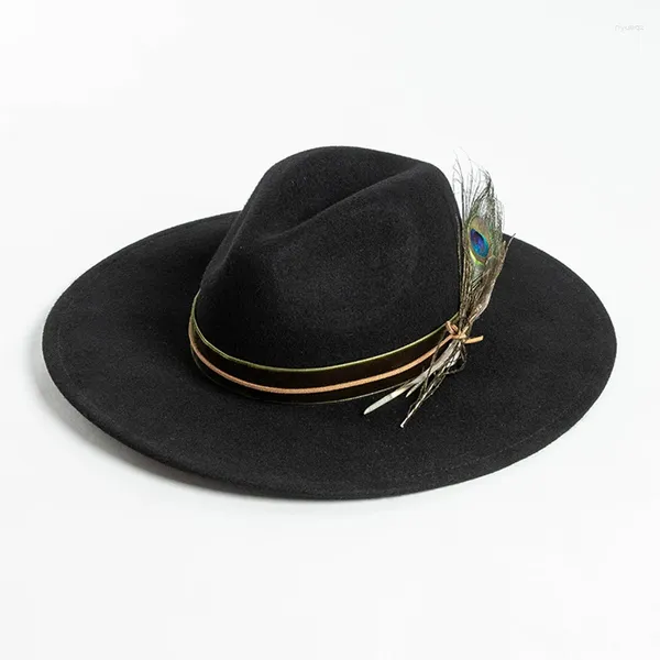 Bérets Wool Hat Version coréenne du Retro Jazz for Men and Women England Fedora Feather Black Gentleman Big Head