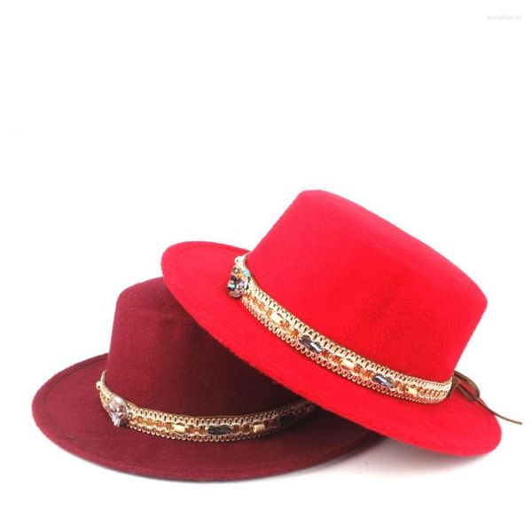 Bérets Wool Men Femmes Plat Top Hat Fedora avec une courroie rétro Trilby Panama Jazz Taille 56-58 cm