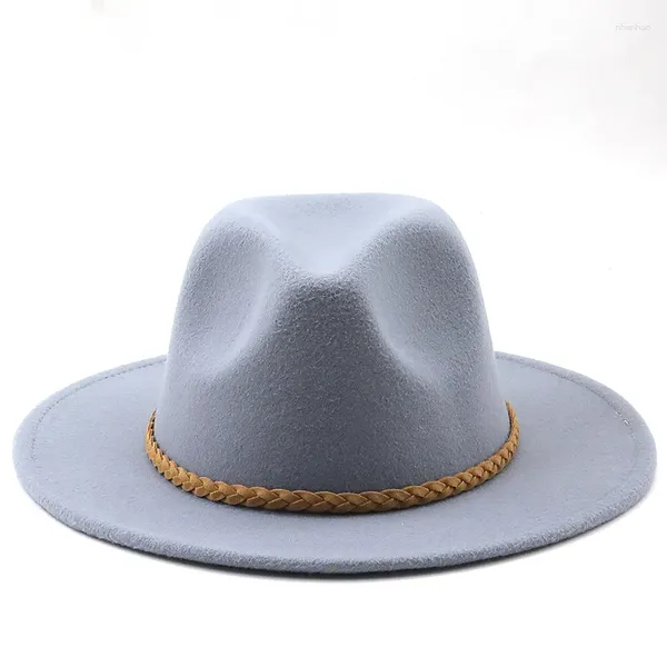 Bérets laine femmes hommes Fedora chapeau avec ruban en daim Gentleman élégant dame hiver automne large bord Jazz Panama Sombrero casquette